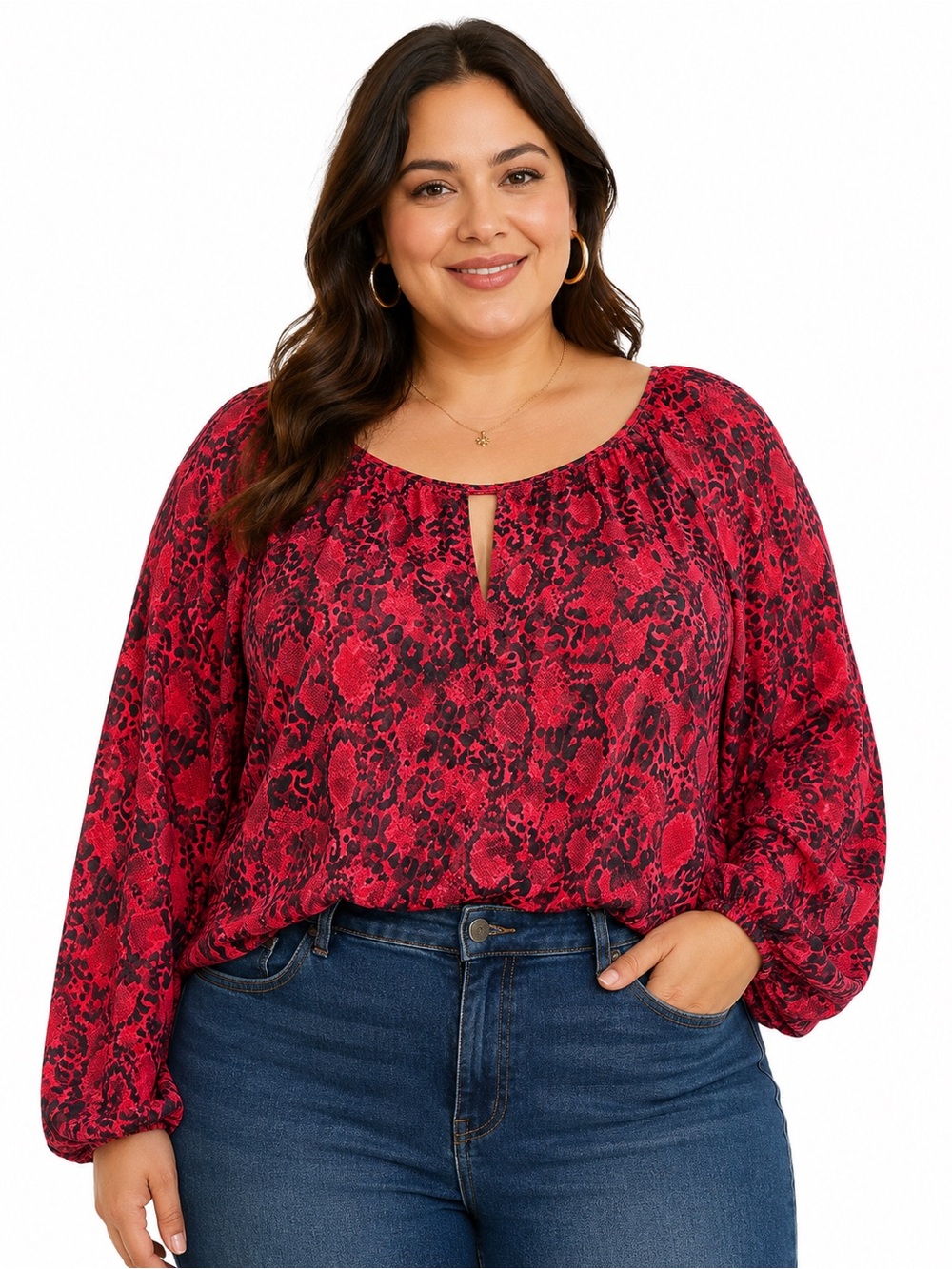 Lane Bryant Top Women’s 18 Red Black Animal Print Long Sleeves Blouse Cutouts